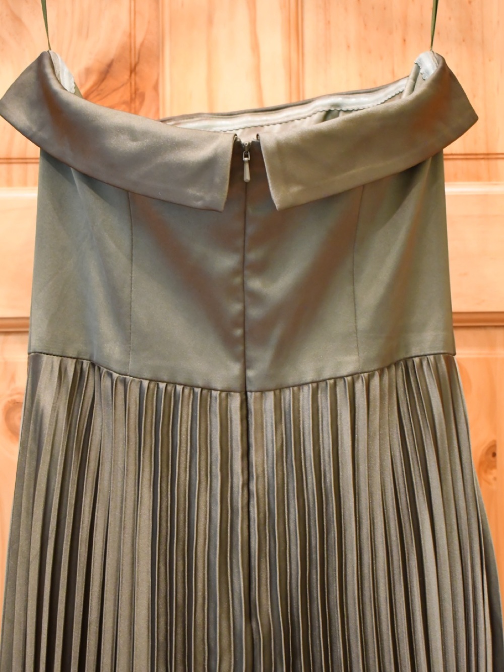 Revelry Saylor Satin Pleated Strapless Maxi Dress in Deep Olive Green 6 - Picture 6 of 12
